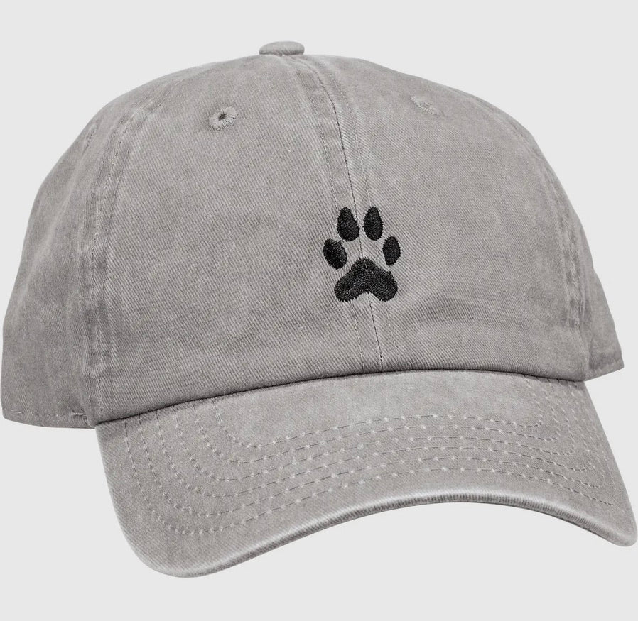 A grey baseball cap with a black paw print on the front