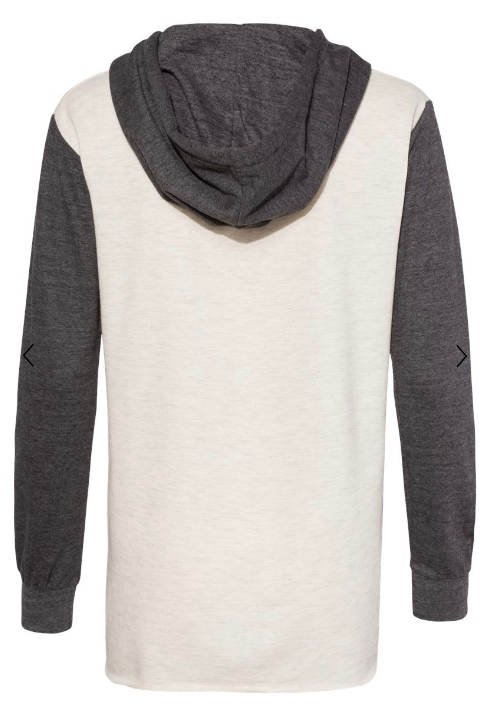 back view of an oatmeal colored hoodie with contrasting grey sleeves with a design in the middle that reads "Dogs are my favorite people"