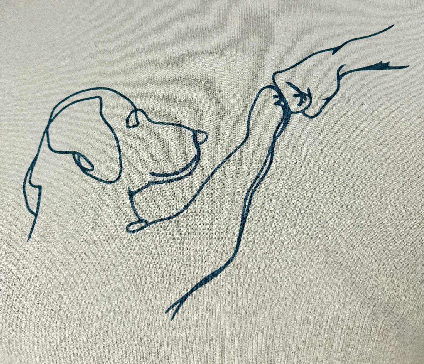 design on the hoodie grey hoodie with an outline of a medium-sized dog fist bumping a human hand