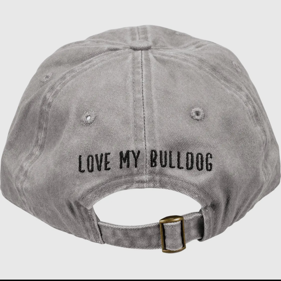 Back of a baseball cap that says "Love my Bulldog"