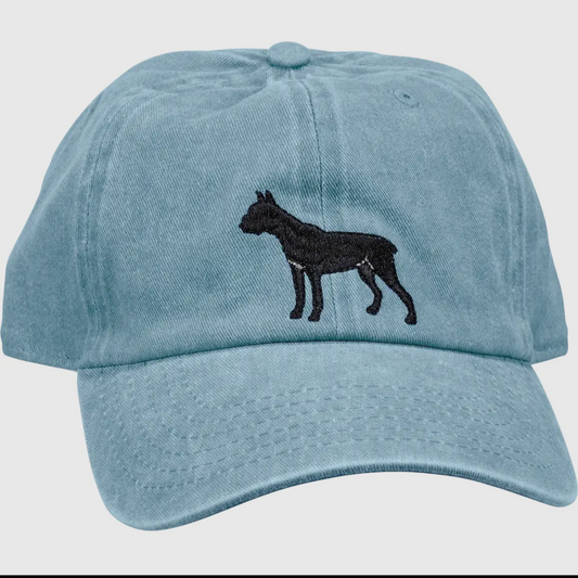 Blue jean baseball cap with the outline of a boxer