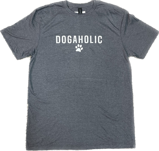 Grey t-shirt with the phrase "dogaholic" in white above a white pawprint