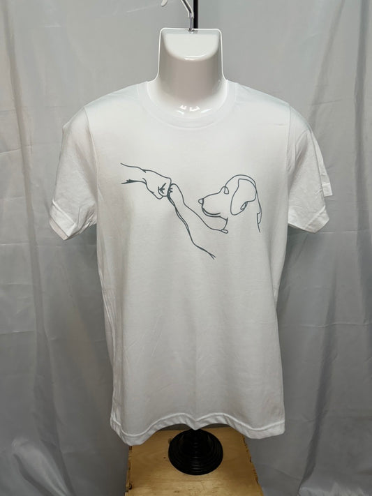 a white t-shirt with a black outline of a dog and human touching fists