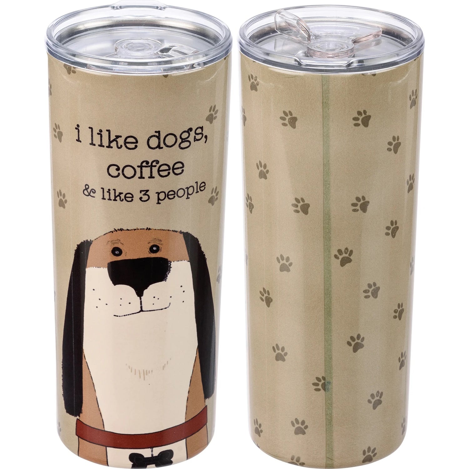 a tan tumbler with paw prints and a dog with the text "I like dogs, coffee, and like 3 people"
