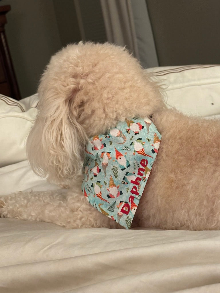 a dog bandana that has Christmas gnomes on it on a golden dog