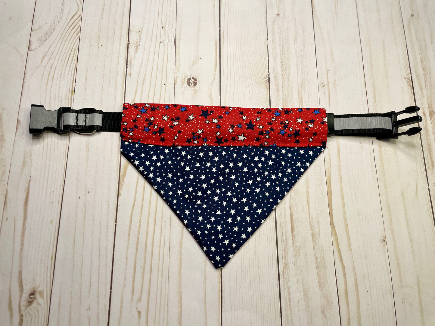 back of a dog bandana that is navy with white stars